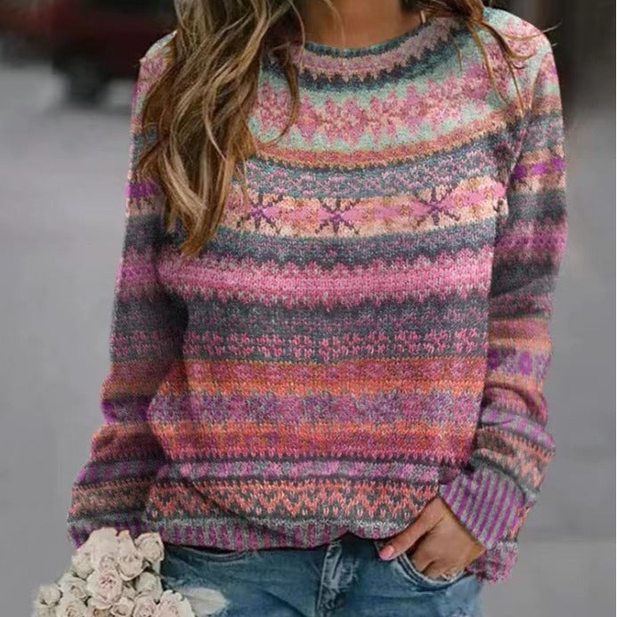 Damen gemusterter Strickpullover mit Rundhalsausschnitt, Fair Isle Muster und lässigem Oversized-Schnitt Drune