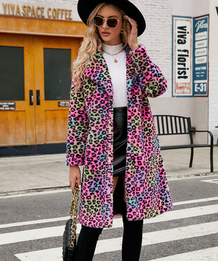 Damen Luxuriöser Kunstfellmantel mit Leopard-Design Drune