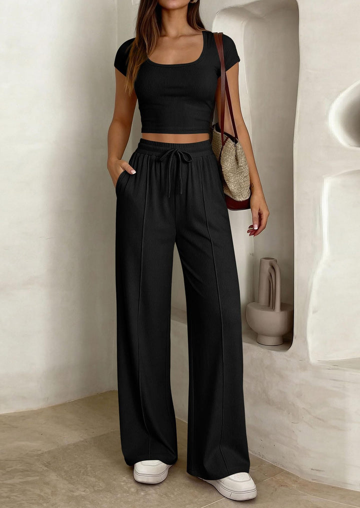 Damen lässiges Cropped-Top und weite Hose Set Drune