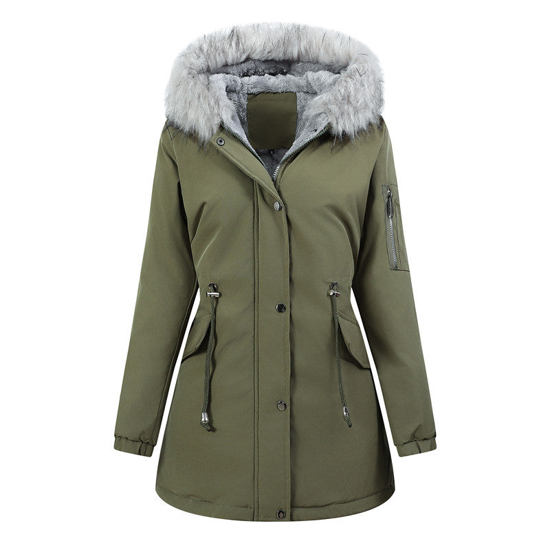 Damen Winterparka mit abnehmbarer Kunstfellkapuze und taillierender Kordelzug Drune