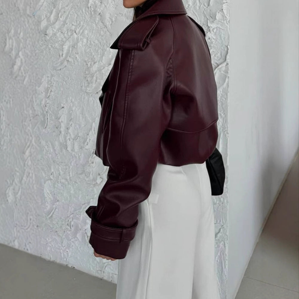 Damen Kunstlederjacke im cropped Stil mit modernen Details und praktischen Taschen Drune