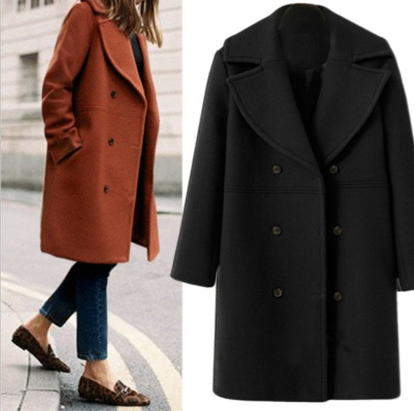 Damen Eleganter Doppelreiher-Wollmantel mit weitem Kragen und praktischen Taschen Drune