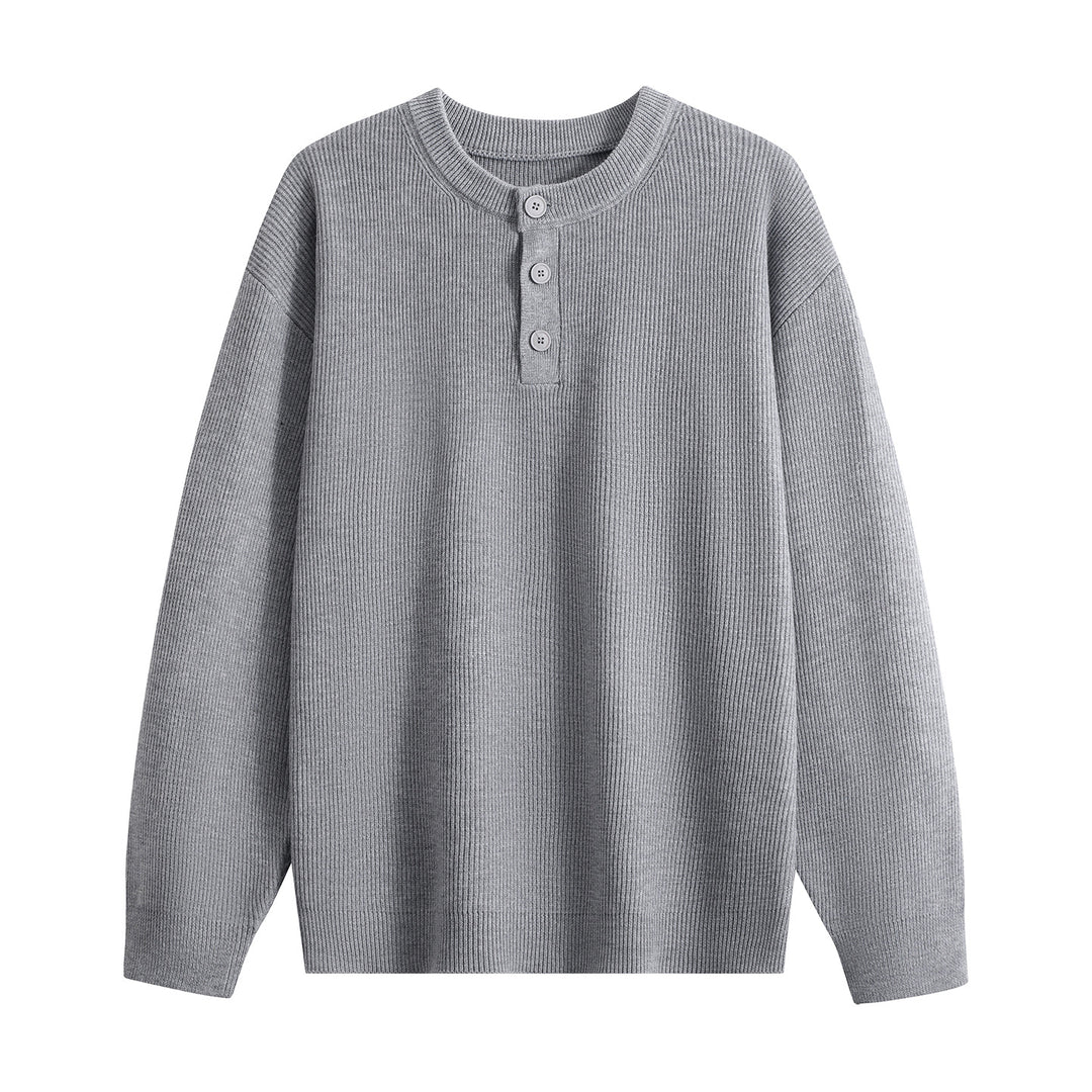 Unisex Oversize Rippstrick-Henley-Pullover mit 3‑Knopf-Leiste Drune
