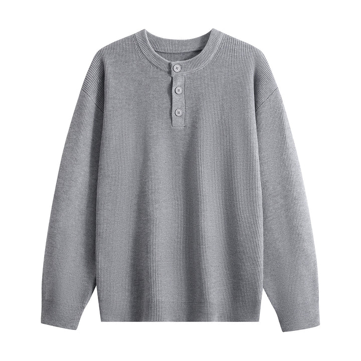 Unisex Oversize Rippstrick-Henley-Pullover mit 3‑Knopf-Leiste Drune