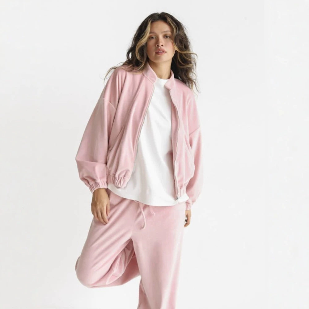 Damen ausgestelltes Velours-Jogginganzug-Set mit kurzer Reißverschlussjacke und hochtaillierter Kordelhose Drune