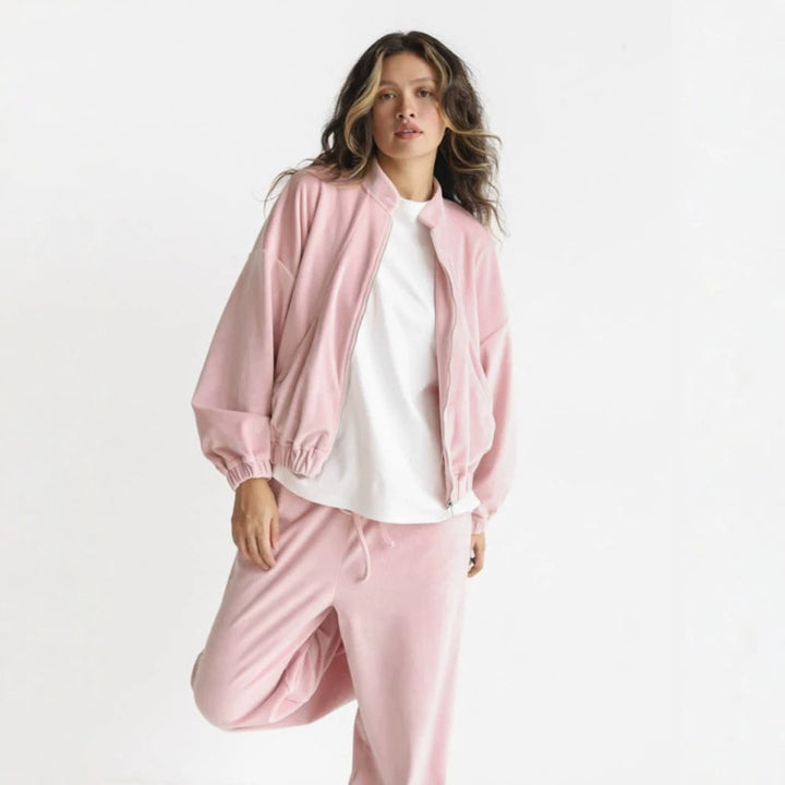 Damen ausgestelltes Velours-Jogginganzug-Set mit kurzer Reißverschlussjacke und hochtaillierter Kordelhose Drune