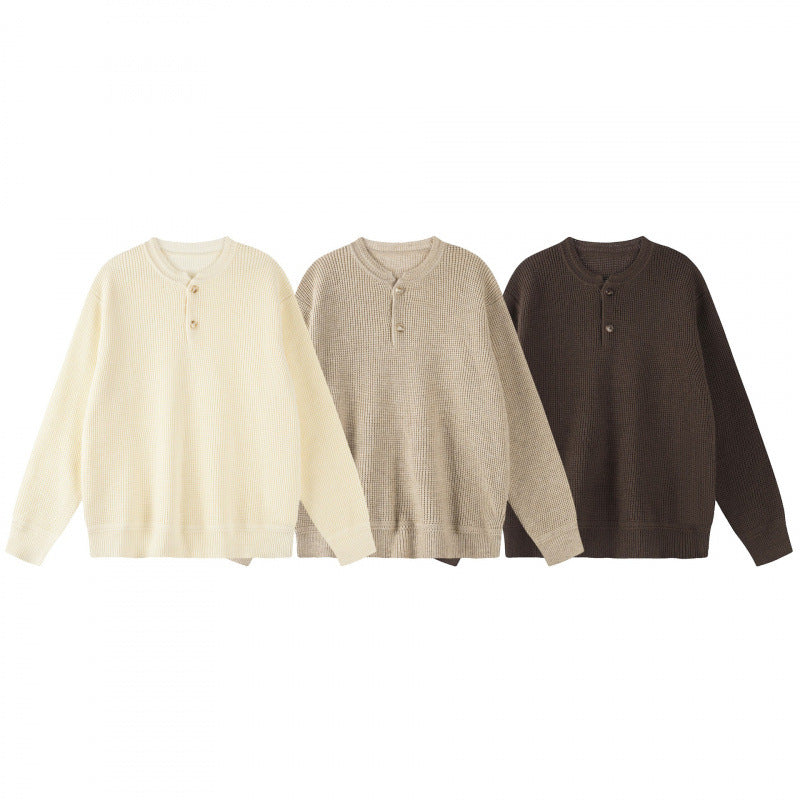 Unisex Boxy-Strickpullover mit Henley-Ausschnitt und strukturierter Waffelstrickoptik Drune