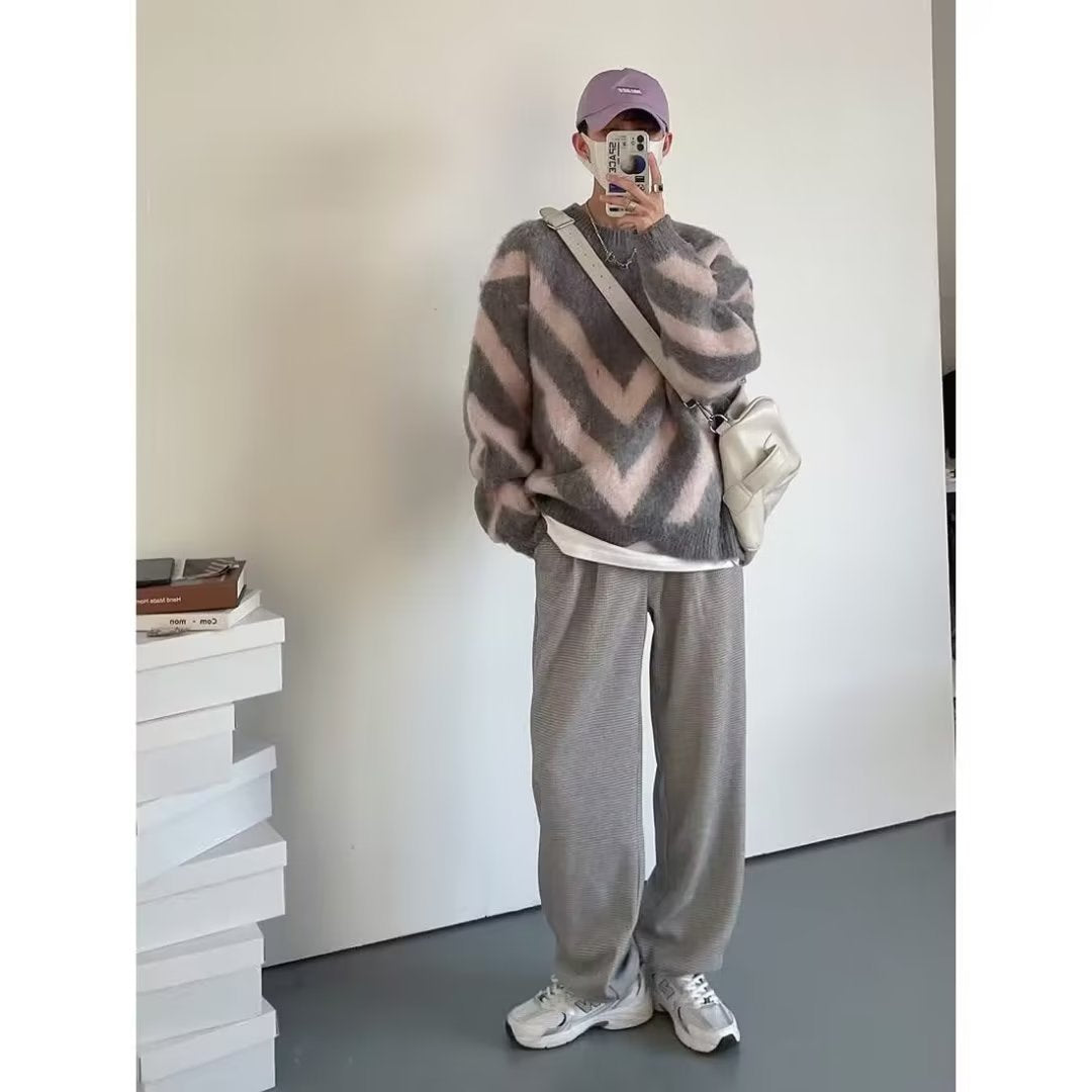 Herren Modischer Grobstrickpullover mit Chevron-Muster Drune