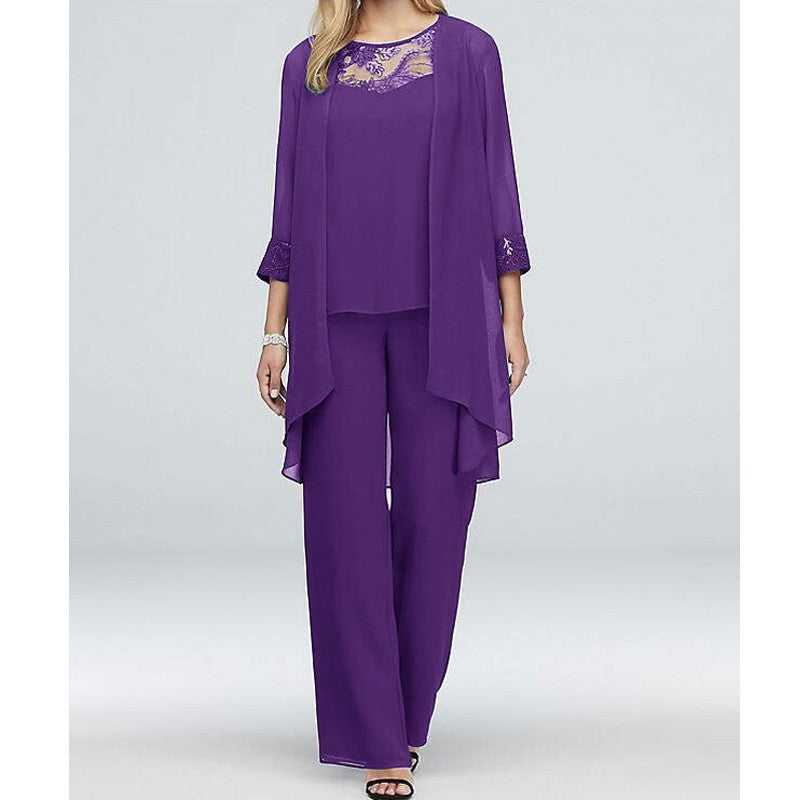 Damen nan fließendes Chiffon-Abendensemble mit Spitzenbesatz, Kimono-Cardigan und weiter Palazzohose Drune