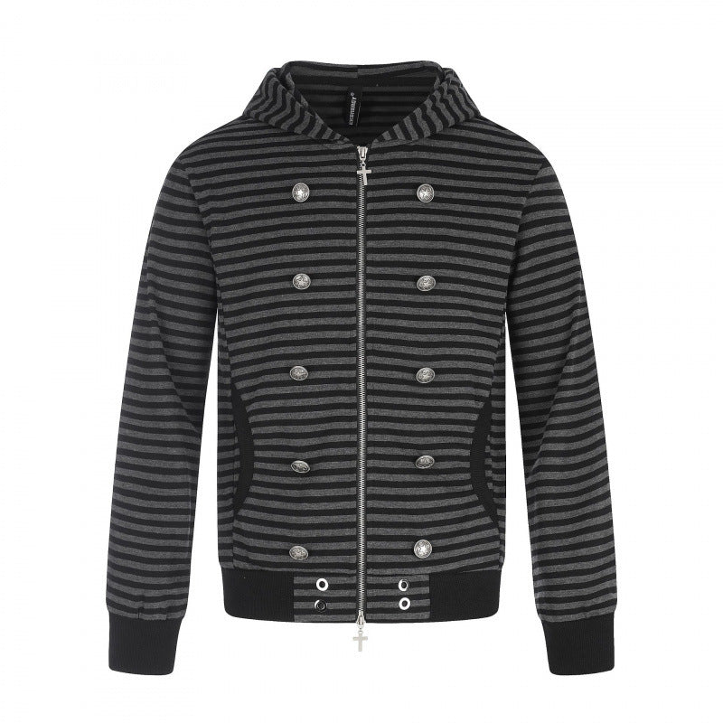 Unisex Gestreifte Kapuzen‑Zipjacke im doppelreihigen Look mit Metallknöpfen Drune
