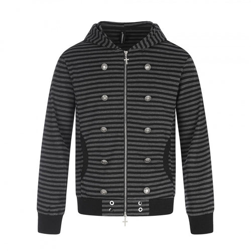 Unisex Gestreifte Kapuzen‑Zipjacke im doppelreihigen Look mit Metallknöpfen Drune