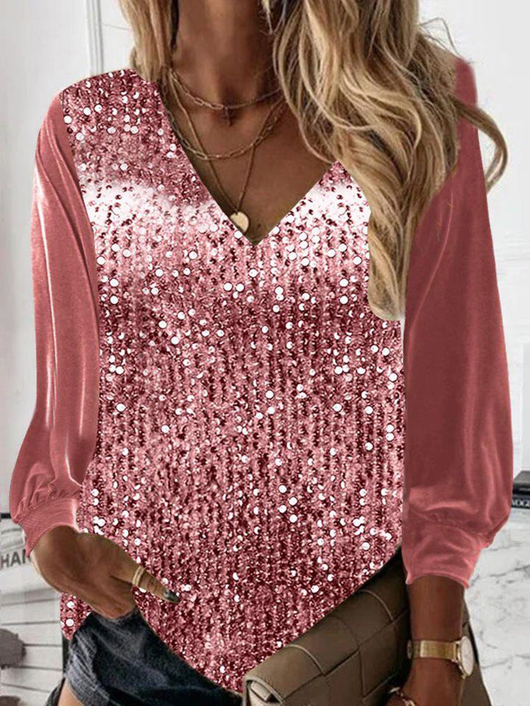Damen Glitzernde Pailletten V-Ausschnitt Bluse mit Satinärmeln Drune