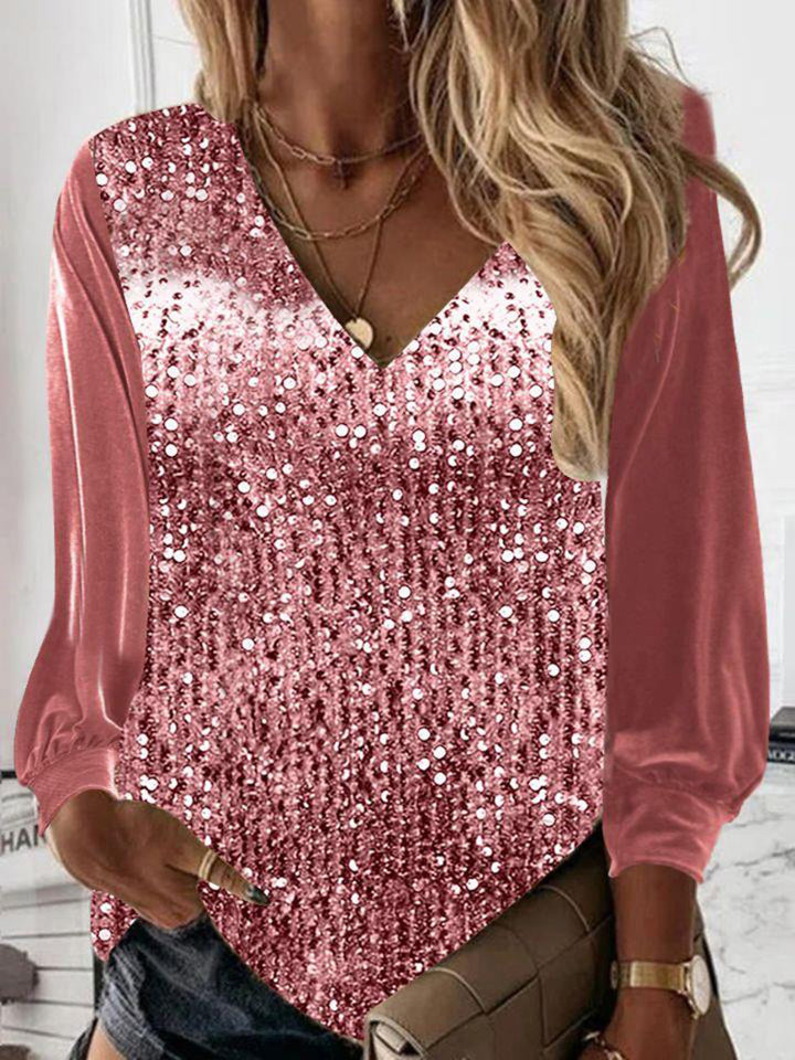 Damen Glitzernde Pailletten V-Ausschnitt Bluse mit Satinärmeln Drune