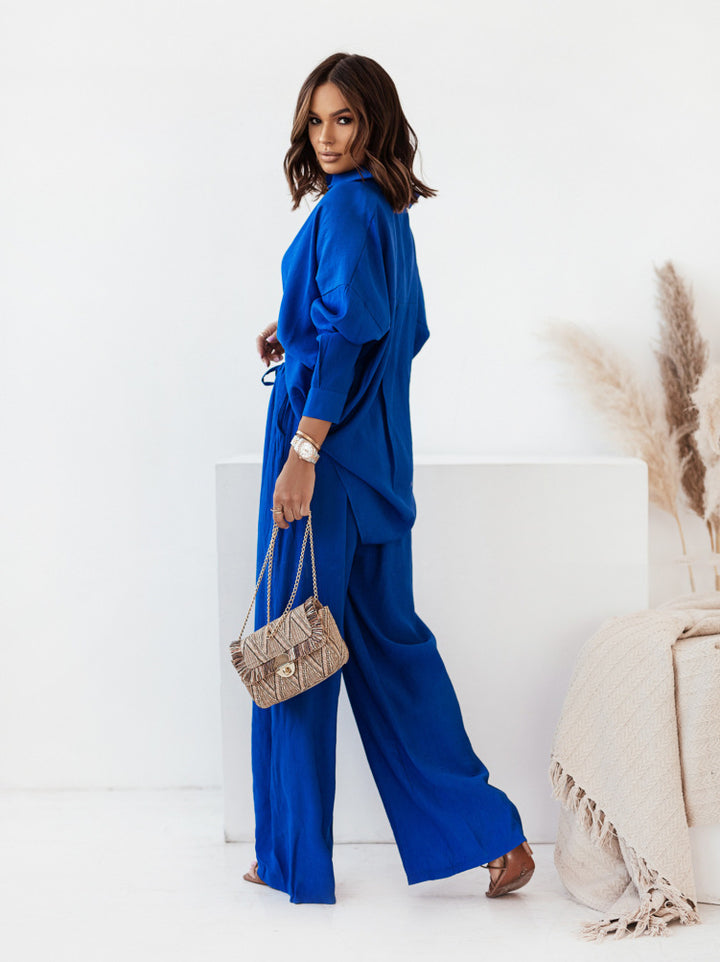 Damen Zweiteiliges Leinenoptik-Set aus Oversize-Hemd mit Bindegürtel und weiter Palazzo-Hose Drune
