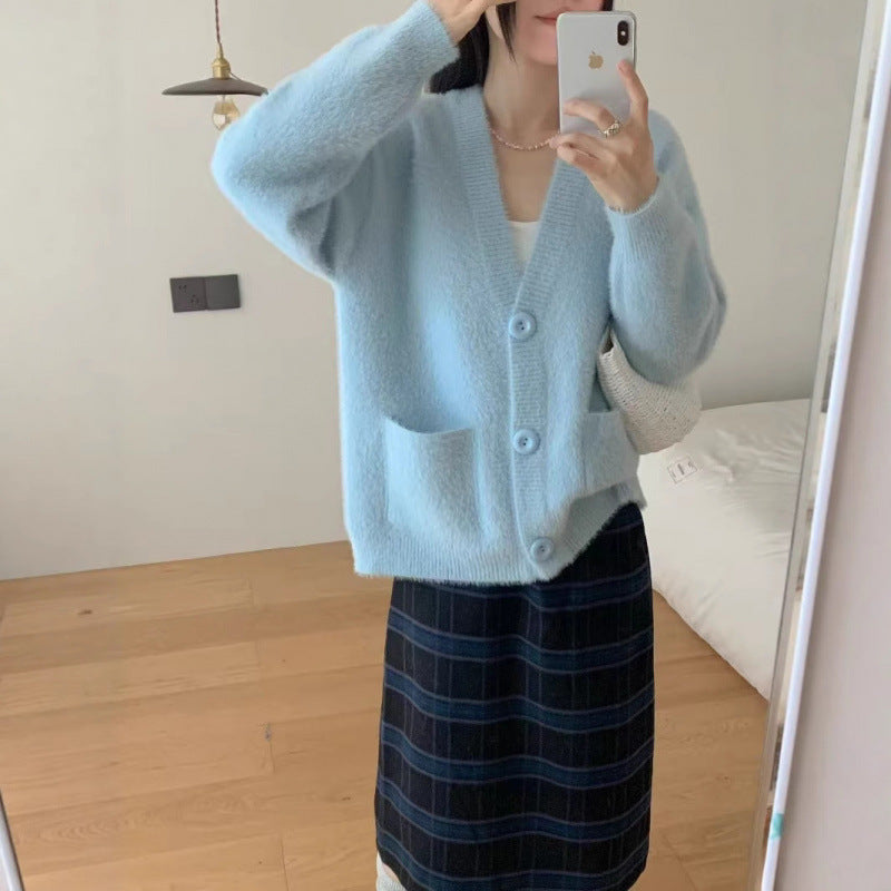 Damen Flauschiger Knopf-Cardigan mit eleganten Taschen Drune