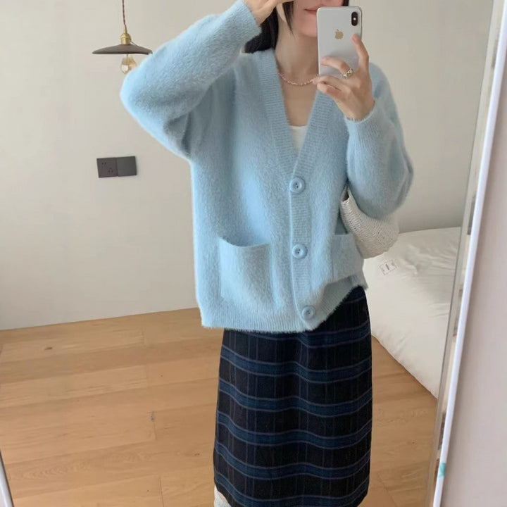 Damen Flauschiger Knopf-Cardigan mit eleganten Taschen Drune