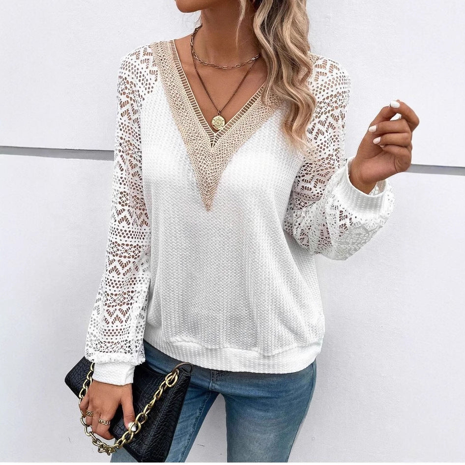 Damen Elegantes V-Ausschnitt Shirt mit Spitzenärmeln Drune
