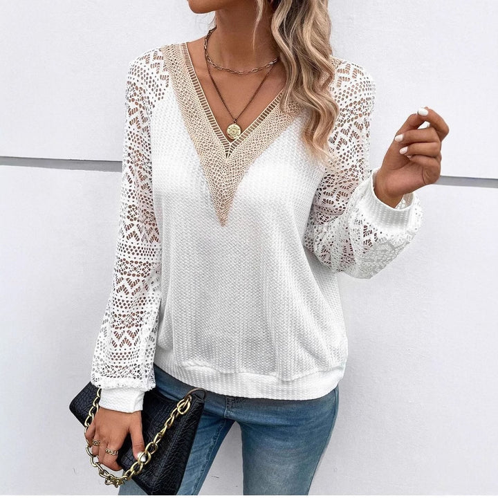 Damen Elegantes V-Ausschnitt Shirt mit Spitzenärmeln Drune