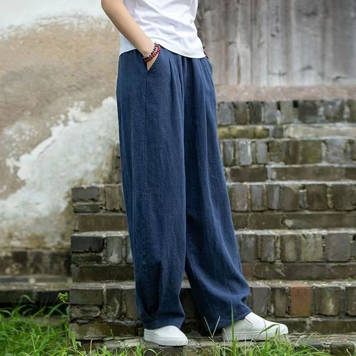 Damen weite Leinenhose mit elastischem Bund und seitlichen Taschen Drune