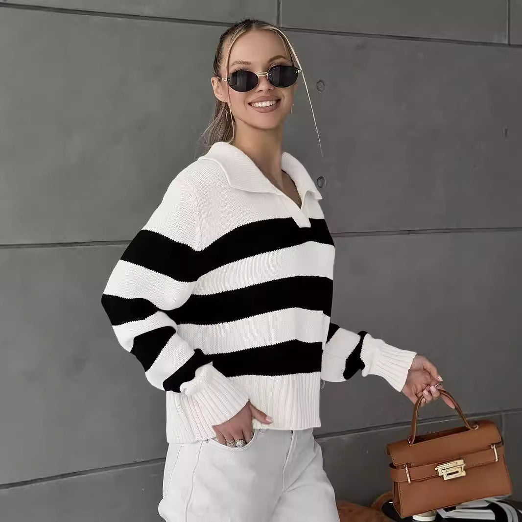 Damen sportlicher Pullover mit Streifenmuster und Kragen Drune