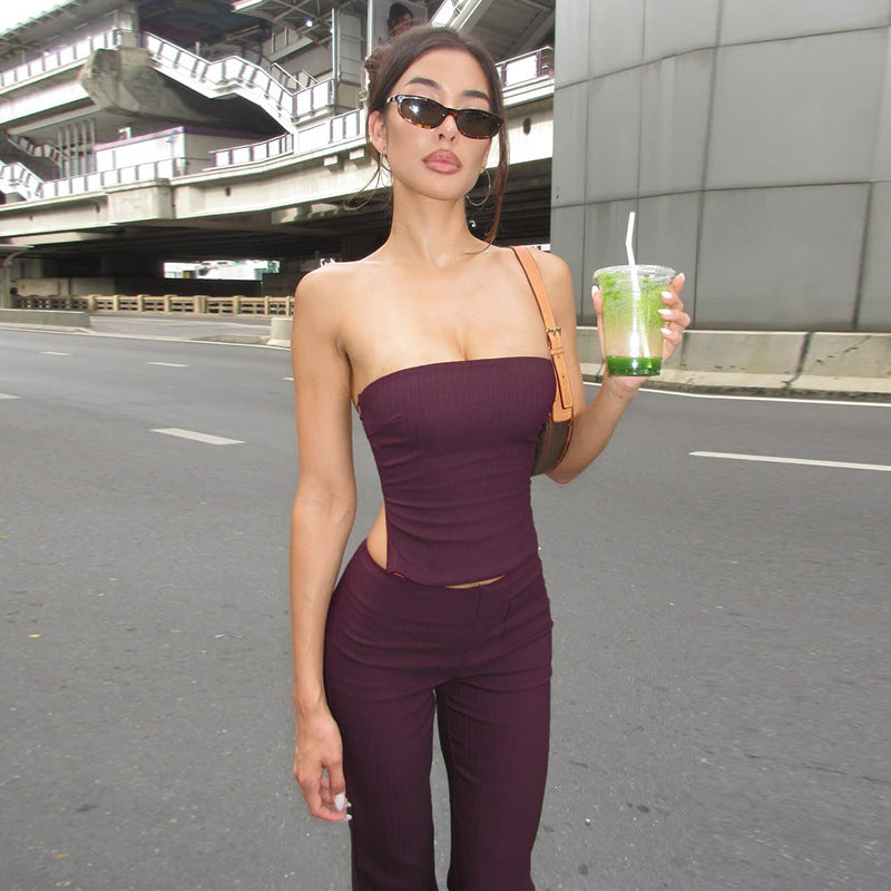 Damen elegantes Bustier-Top mit weitem Bund und ausgestellten Hosen Drune
