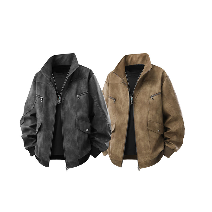 Herren Oversize-Blouson aus Kunstleder mit abnehmbarem Kapuzen‑Einsatz, Stehkragen und Utility‑Taschen Drune