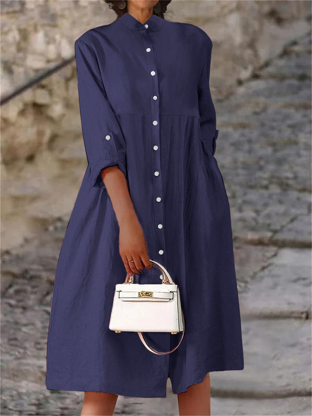 Damen Oversize Midi Kleid im Leinen-Look mit Stehkragen, Knopfleiste und Seiten Taschen Drune