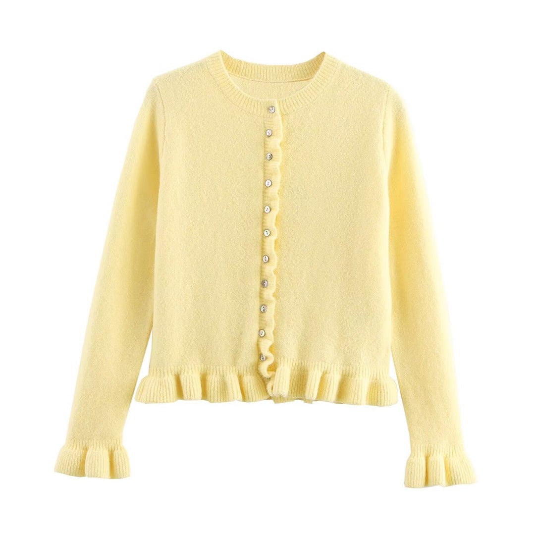 Damen Strickjacke mit dekorativem Rüschensaum und Knopfverschluss Drune
