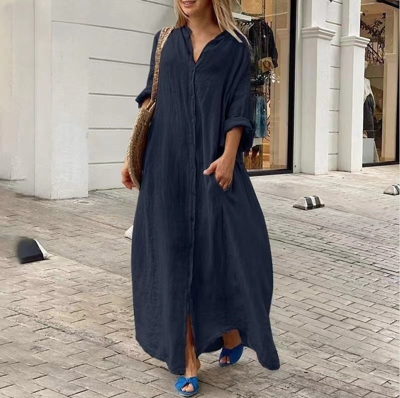 Drune | Einreiher Baumwoll-Leinen Plus Size Langkleid