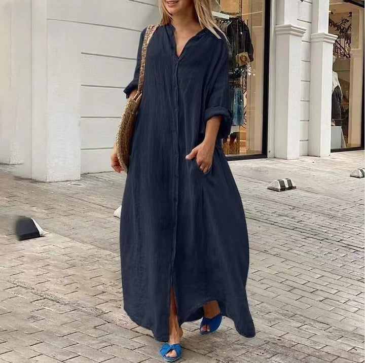 Drune | Einreiher Baumwoll-Leinen Plus Size Langkleid