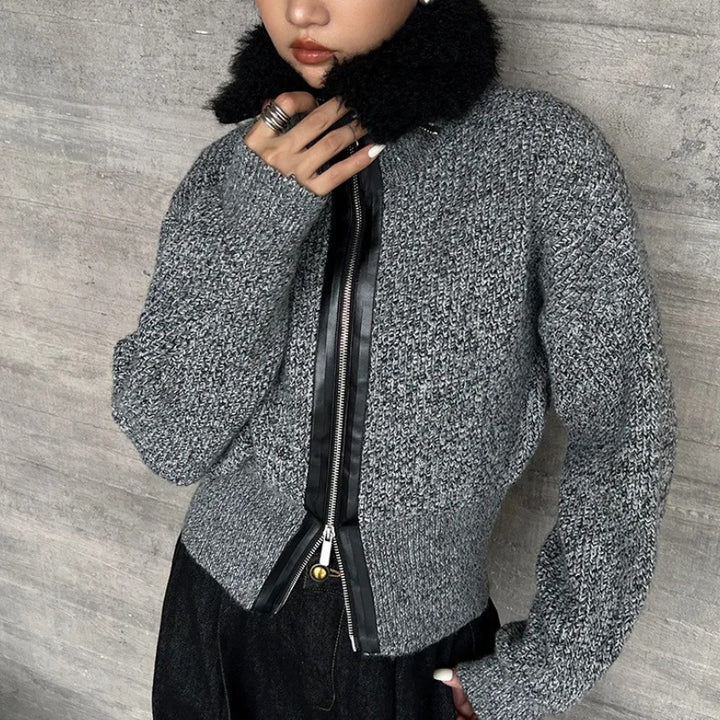 Damen Strickjacke mit kontrastierendem Kragen und seitlichem Reißverschluss Drune