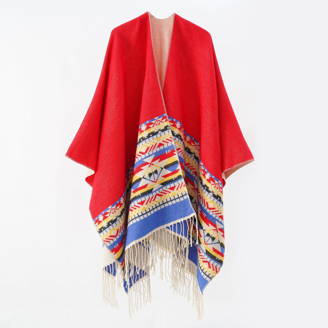 Damen Oversize-Wendepancho aus Wollmix mit Ethno-Jacquard und Fransensaum Drune