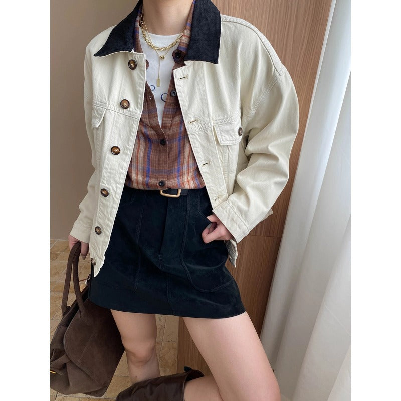 Damen lässige Jeansjacke mit kontrastierendem Kragen und funktionalen Taschen Drune