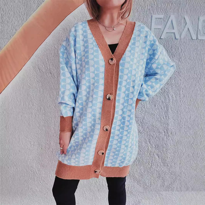 Damen lässiger Strickcardigan mit modernem geometrischem Muster und praktischen Taschen Drune