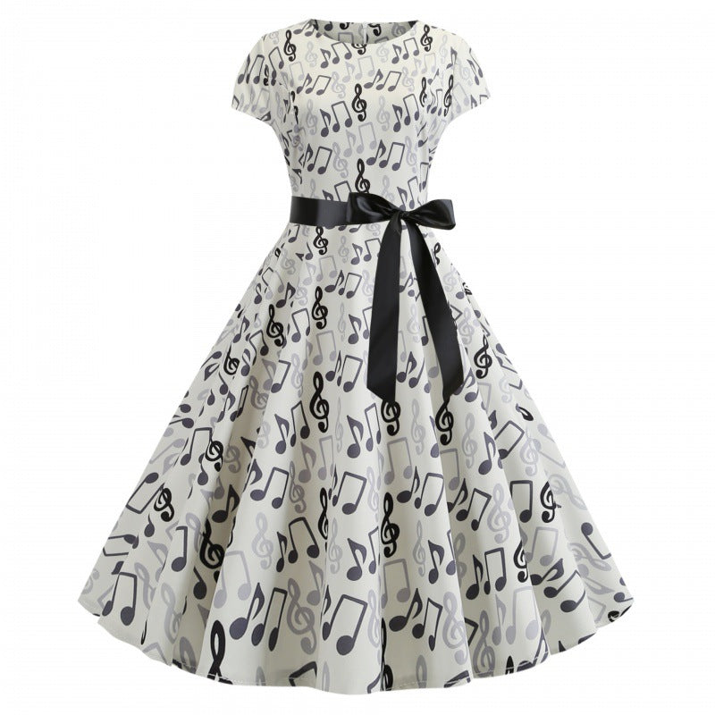 Damen Rockabilly Kleid mit musikalischem Motiv und tailliertem Design Drune