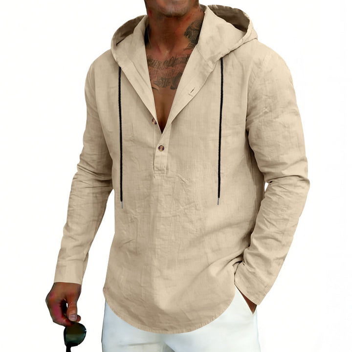 Herren nan Leinen-Henley-Kapuzenhemd mit kurzer Knopfleiste, Kapuze und relaxtem Schnitt Drune