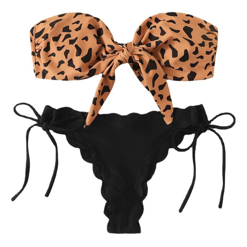 Damen Bandeau-Bikini-Set mit modischem Animal-Print und verstellbaren Bändern Drune
