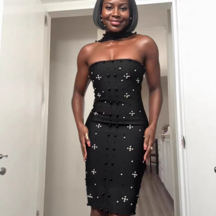 Damen Couture Maxikleid mit schimmernden Pailletten und strapless Design Drune