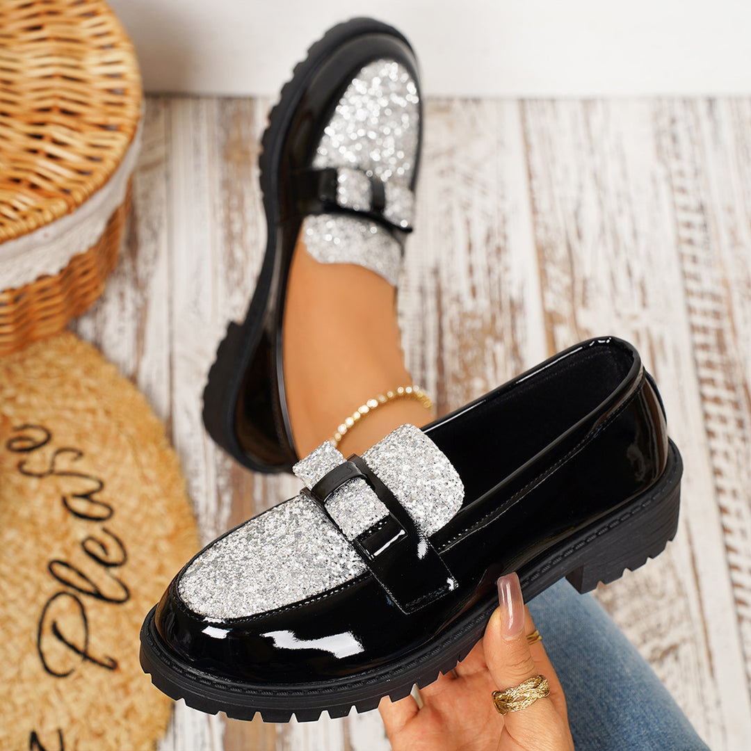 Damen Lackloafer mit glitzernder Vorderkappe, Schlupfdesign und profilierter Plateausohle Drune
