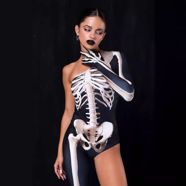 Damen Figurbetonter Bodysuit mit kreativem Skelettdesign und asymmetrischem Schnitt Drune