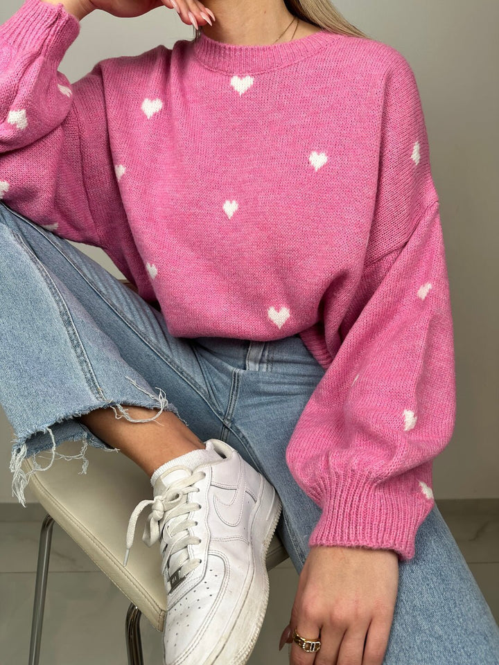 Damen nan oversized Strickpullover mit Herzintarsien und Ballonärmeln Drune