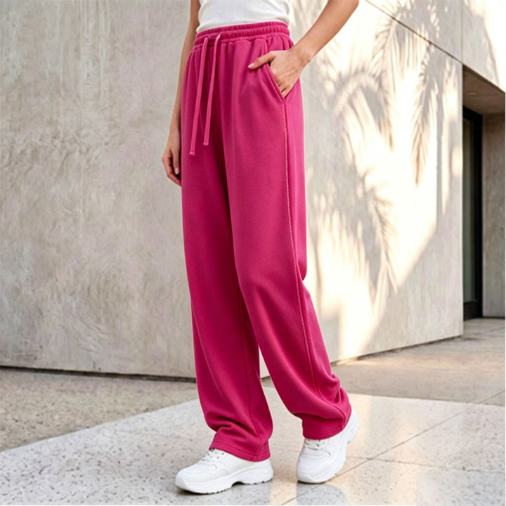 Damen nan weite Loungepalazzo-Hose mit hohem Komfortbund, Kordelzug, seitlichen Eingrifftaschen und dekorativer Seitennaht Drune