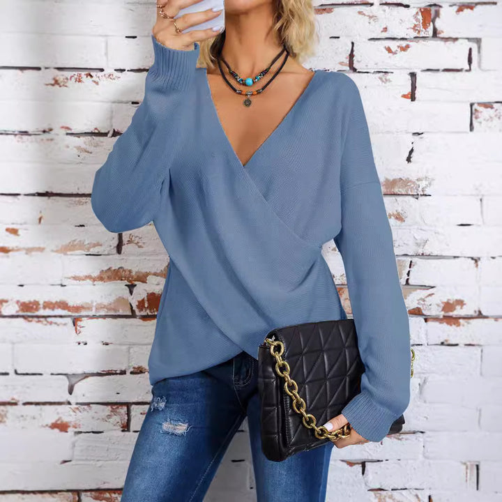 Damen Wickel-Strickpullover mit tiefem V-Ausschnitt und überschnittenen Ärmeln Drune