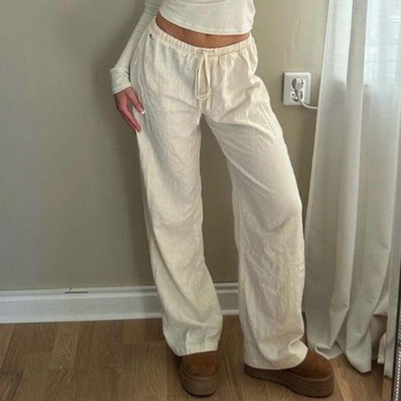Damen Leichte Leinenhose mit weitem Bein, elastischem Bund und Tunnelzug Drune