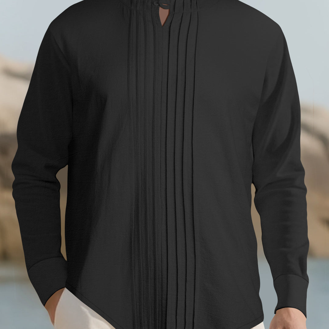 Herren Leichtes Langarmshirt im Leinenlook mit Stehkragen, Kellerfalten und Schlaufenverschluss Drune