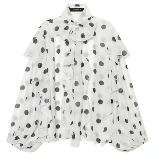 Damen Chiffonbluse mit Volant‑Rüschen, Schleifenkragen und Ballonärmeln Drune