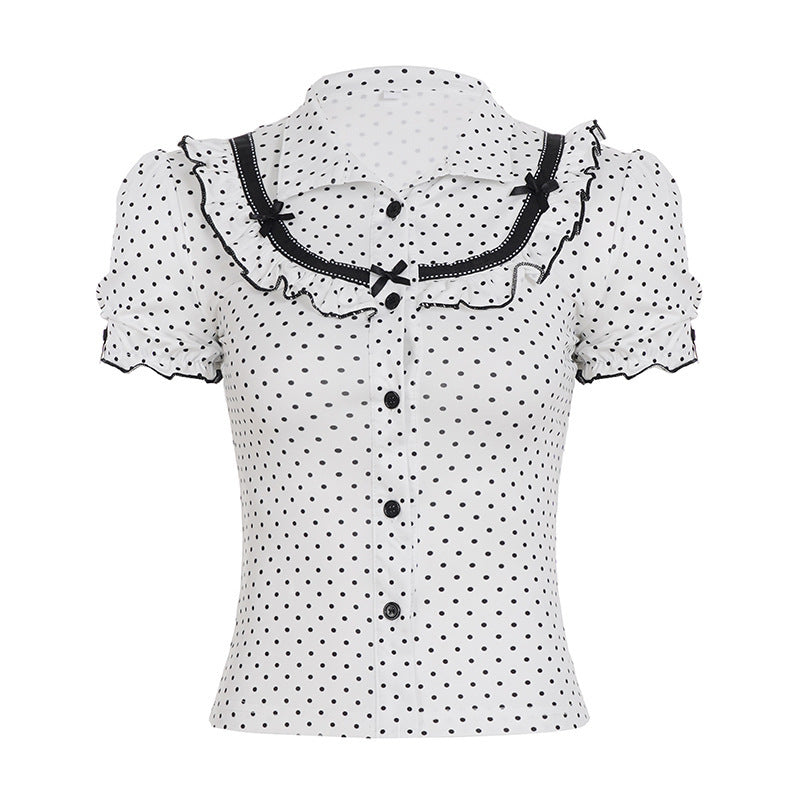 Damen Vintage Polka Dot Bluse mit Puffärmeln Drune