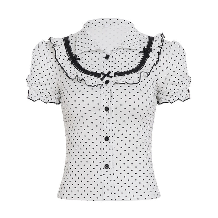 Damen Vintage Polka Dot Bluse mit Puffärmeln Drune