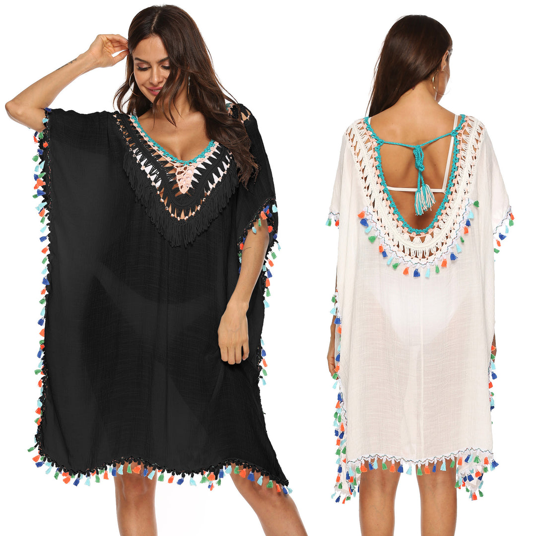 Damen Strandkaftan mit buntem Quastenrand Drune
