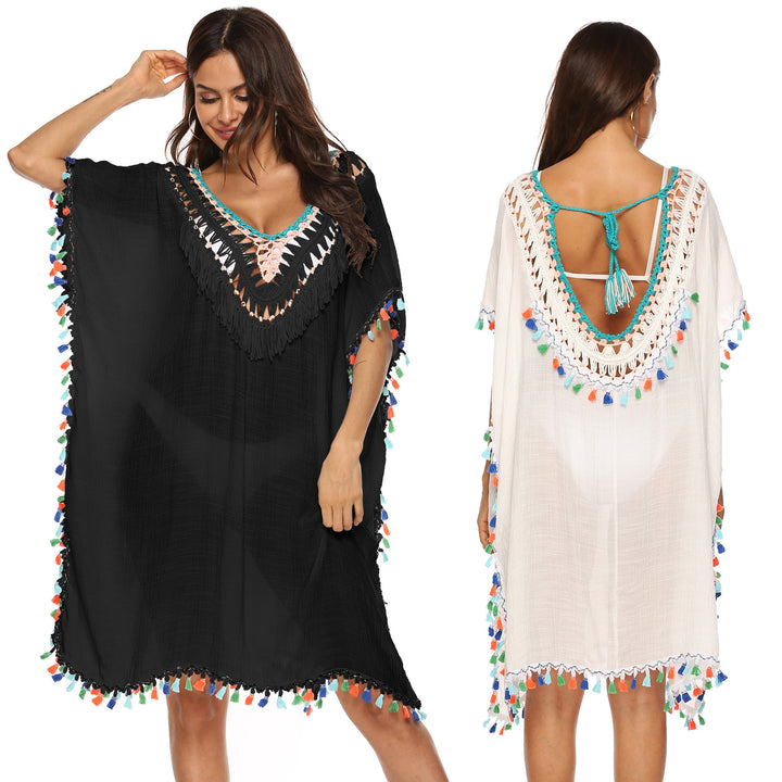 Damen Strandkaftan mit buntem Quastenrand Drune